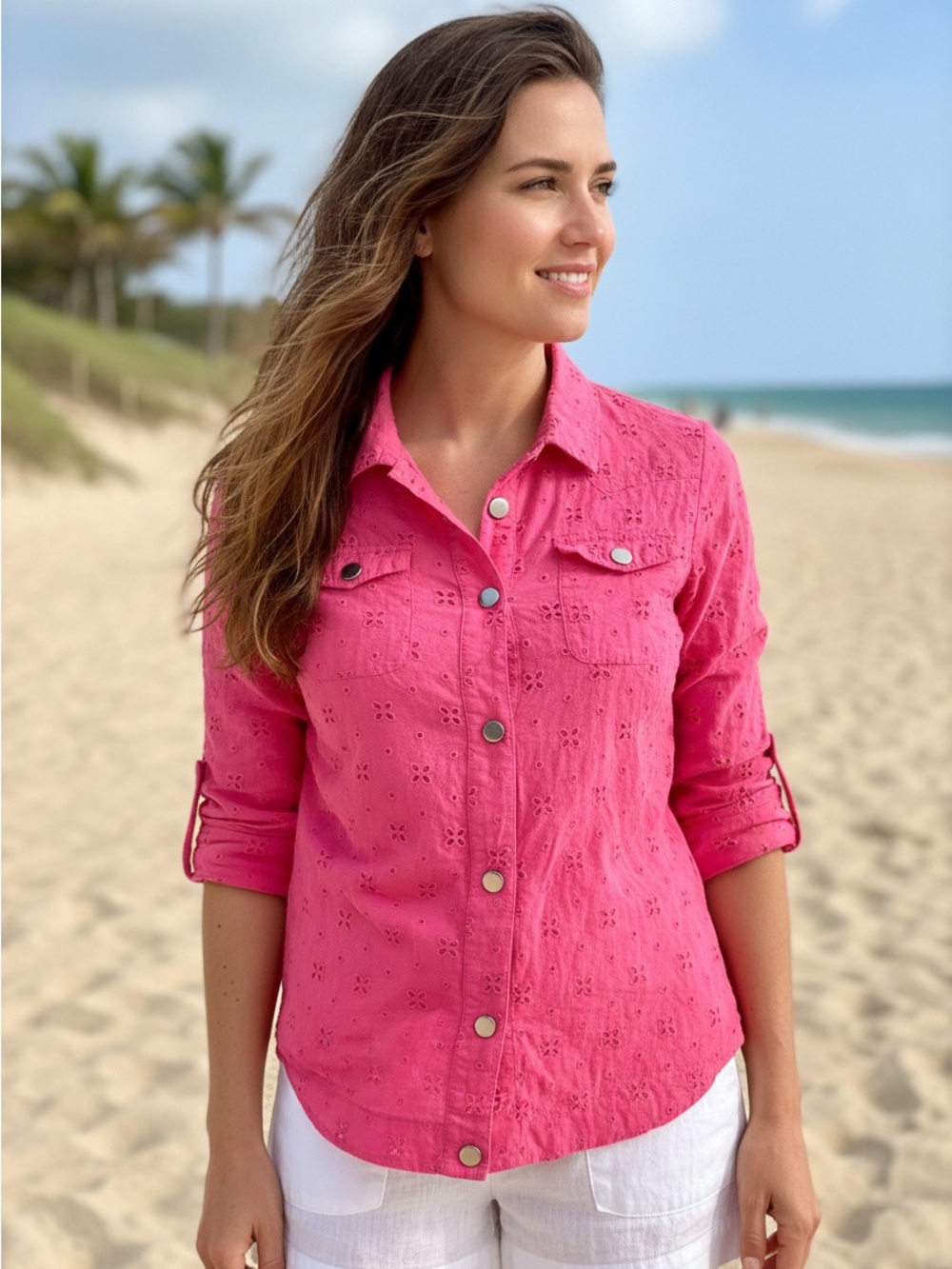 Blair 100% Cotton Bright Pink Eyelet Button-Down Shirt EUC Size M
